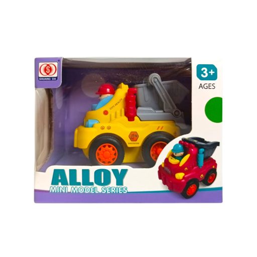 Fém és műa. bébi teherautó, munkagépes, lend., 3 féle, 12x10 cm dob.