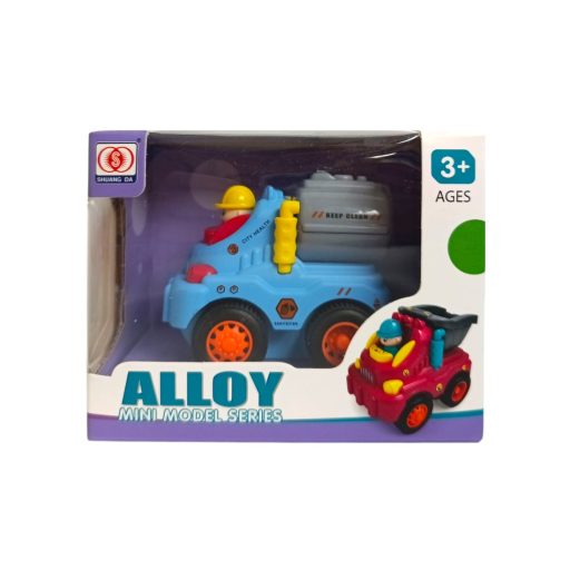 Fém és műa. bébi teherautó, munkagépes, lend., 3 féle, 12x10 cm dob.