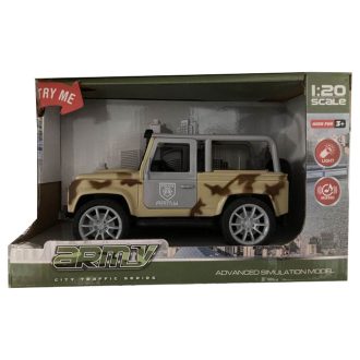   Katonai jeep hang- és fényhatással, lendkerekes, 23x14 cm.