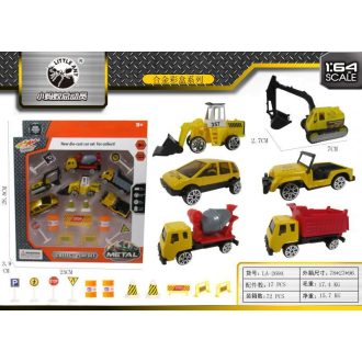   Fém teherautó készlet 6 db munkagéppel és közlekedési táblákkal.