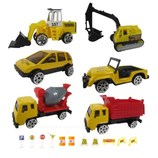 Fém teherautó készlet 6 db munkagéppel és közlekedési táblákkal.