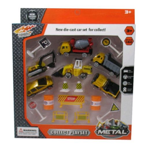 Fém teherautó készlet 6 db munkagéppel és közlekedési táblákkal.