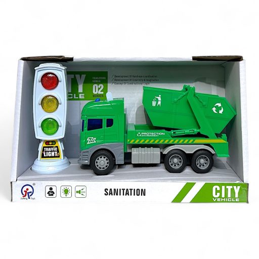 Konténeres kukásautó hang- és fényhatásokkal, közlekedési játék.