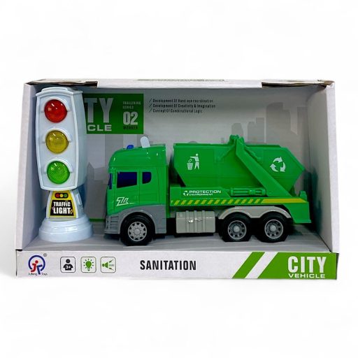 Konténeres kukásautó hang- és fényhatásokkal, közlekedési játék.