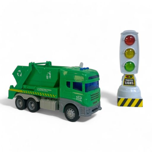 Konténeres kukásautó hang- és fényhatásokkal, közlekedési játék.