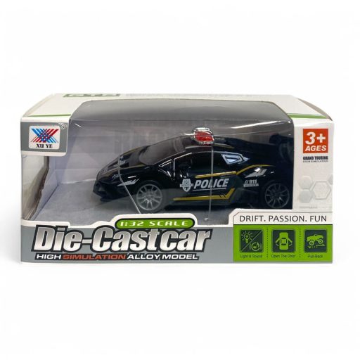 Fém rendőrautó hanggal, fénnyel, hátrahúzós, ajtónyitós.
