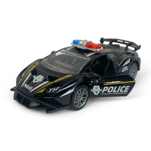 Fém rendőrautó hanggal, fénnyel, hátrahúzós, ajtónyitós.