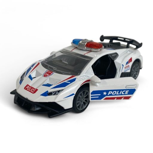 Fém rendőrautó hanggal, fénnyel, hátrahúzós, ajtónyitós.