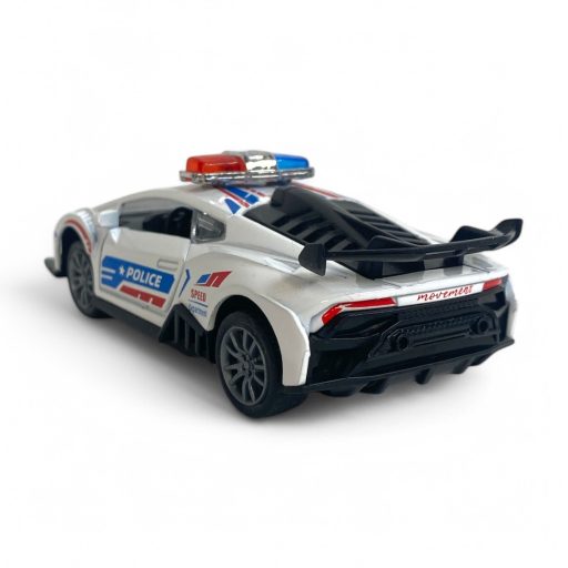 Fém rendőrautó hanggal, fénnyel, hátrahúzós, ajtónyitós.