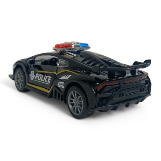 Fém rendőrautó hanggal, fénnyel, hátrahúzós, ajtónyitós.