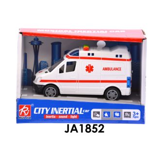   Mentőautó, el., lend., hang-fény, belátós, 20x12 cm dob. gombel.