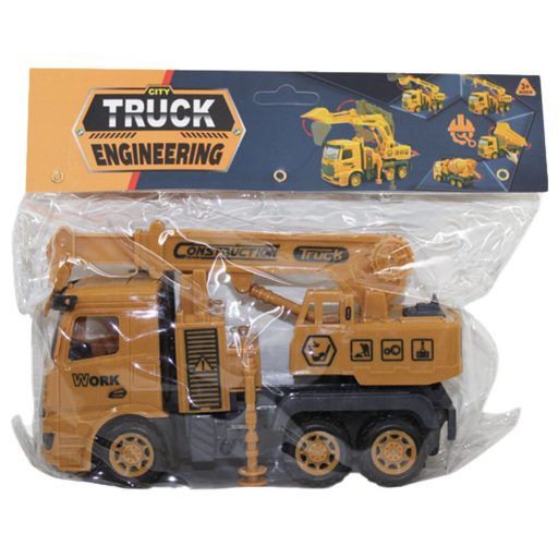 Teherautó játék munkagéppel és emelőkosárral, 23x11 cm.