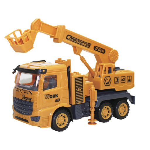 Teherautó játék munkagéppel és emelőkosárral, 23x11 cm.