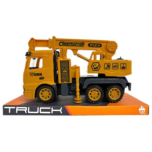 Teherautó játék munkagéppel és emelőkosárral, 23x11 cm.
