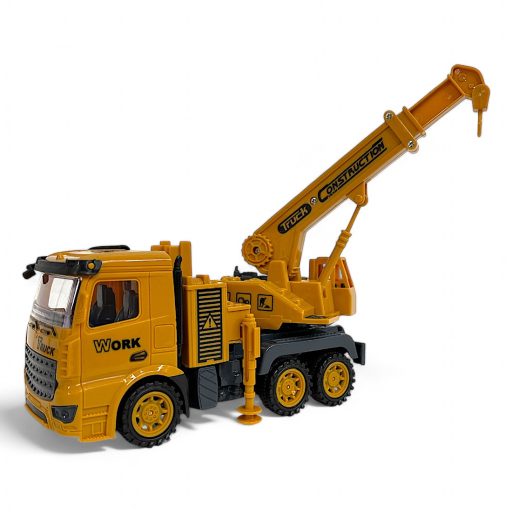 Teherautó játék munkagéppel és emelőkosárral, 23x11 cm.