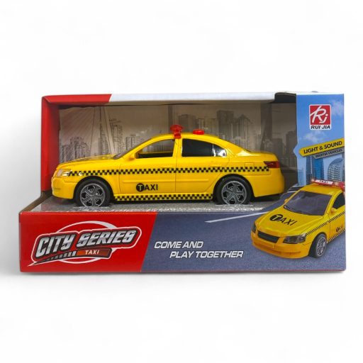 Elemes taxi játékautó, vidám színekben, könnyen irányítható.
