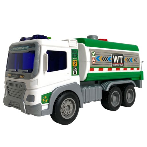 Teherautó, tartályos, el., hang+fény, vizet spriccel, lend., 28x17 cm zacsk. Gombel.
