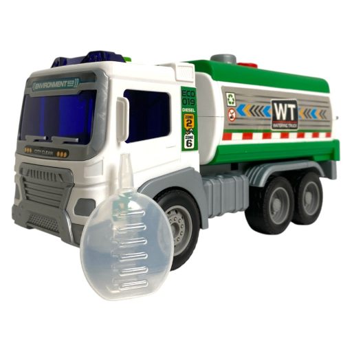 Teherautó, tartályos, el., hang+fény, vizet spriccel, lend., 28x17 cm zacsk. Gombel.