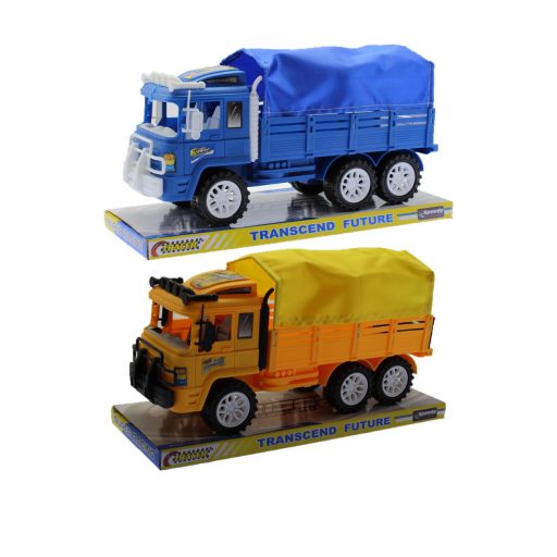 Ponyvás teherautó játék, lendkerekes, 32x18 cm, több színben.