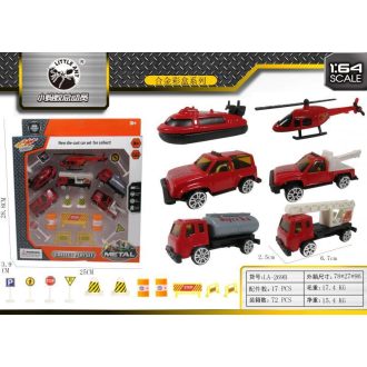   Fém tűzoltóautó készlet: 6 autó + közlekedési táblák.