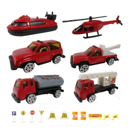 Fém tűzoltóautó készlet: 6 autó + közlekedési táblák.