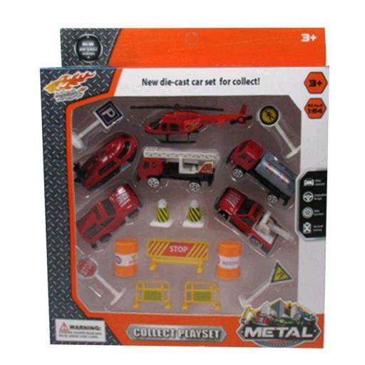 Fém tűzoltóautó készlet: 6 autó + közlekedési táblák.