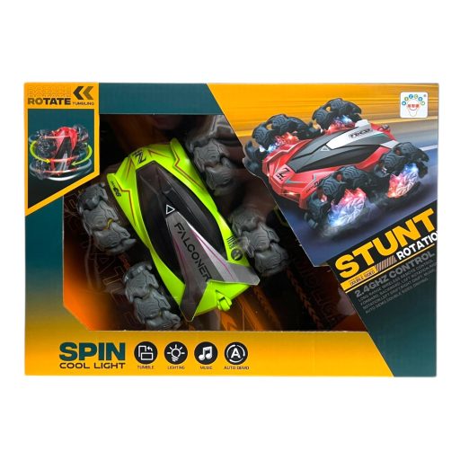R/C autó, el., fullfunkc., driftel, szakaszos gumikerék vil., zenél, körbe forog, 2 szín, 32x23 cm dob.