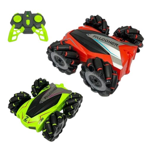 R/C autó, el., fullfunkc., driftel, szakaszos gumikerék vil., zenél, körbe forog, 2 szín, 32x23 cm dob.