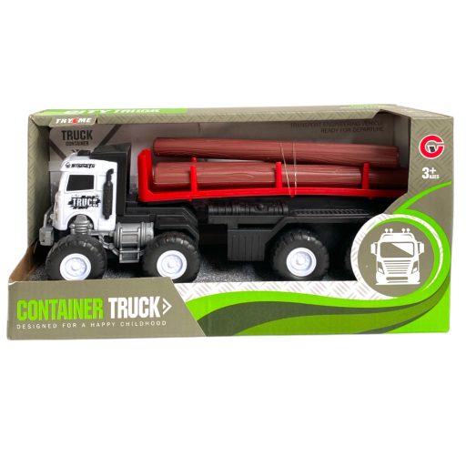 Teherautó, rönkszállító, el., igazi hang+fény, 2 szín, 22x11 cm dob. Gombel.