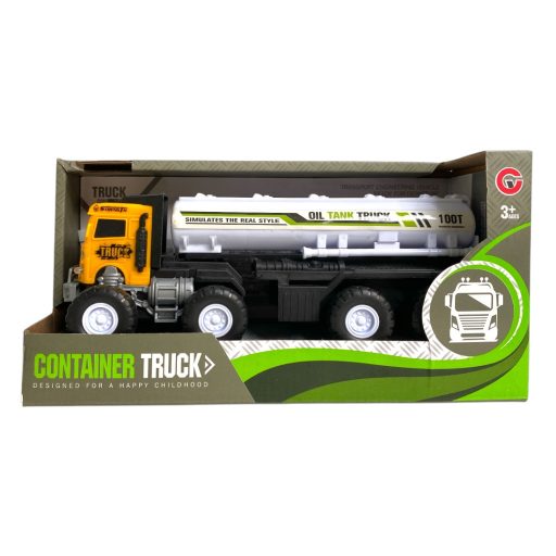 Teherautó, tartályos, el., igazi hang+fény, szabadonfutó, 2 szín, 22x11 cm dob. Gombel.