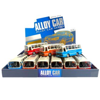   Fém busz, el., hang+fény, 15 cm, 3 szín, 12 db/disp. Gombel.