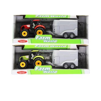   Fém traktor, lószállító, felnyitható motorháztető, 2 szín, 32x12 cm dob.