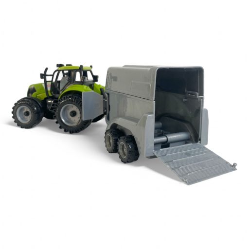 Fém traktor, lószállító, felnyitható motorháztető, 2 szín, 32x12 cm dob.
