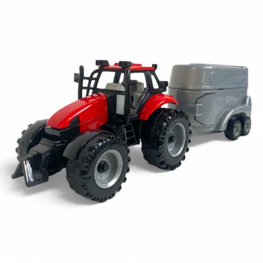 Fém traktor, lószállító, felnyitható motorháztető, 2 szín, 32x12 cm dob.