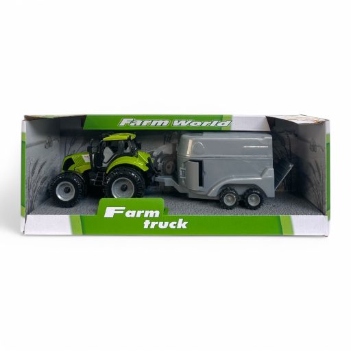 Fém traktor, lószállító, felnyitható motorháztető, 2 szín, 32x12 cm dob.