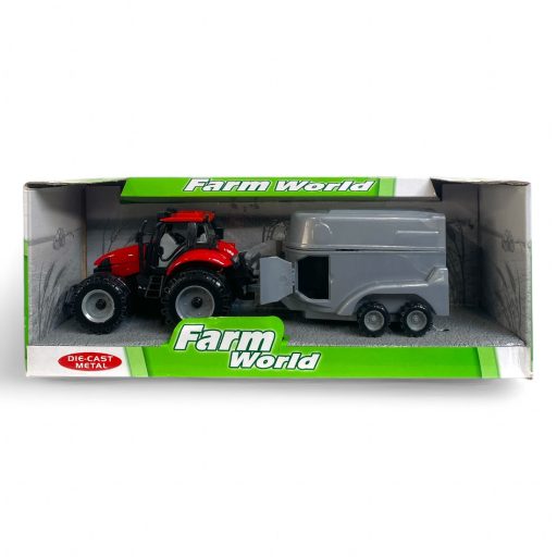 Fém traktor, lószállító, felnyitható motorháztető, 2 szín, 32x12 cm dob.