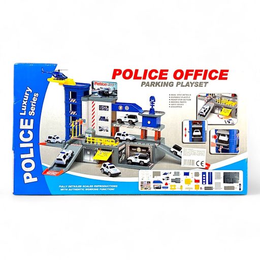 Rendőrállomás klt., + 3 fém jármű, 48x27 cm dob.