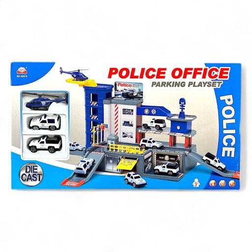 Rendőrállomás klt., + 3 fém jármű, 48x27 cm dob.