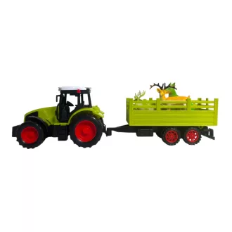   Traktor klt., hátul pótkocsi,+ 3 vadállat, Lend., 40x13 cm plf.