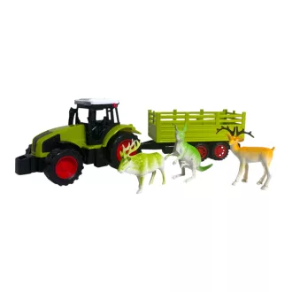   Traktor klt., hátul pótkocsi,+ 3 vadállat, Lend., 40x13 cm plf.