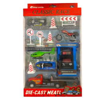   Fém autószállító klt., autó + motor, kieg., 2 féle, 12x36 cm dob.