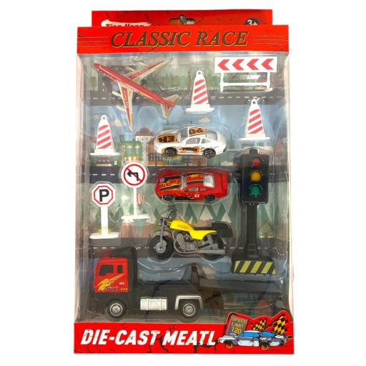 Fém autószállító klt., autó + motor, kieg., 2 féle, 12x36 cm dob.