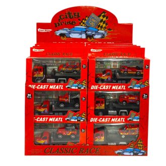   Fém autószállító klt., tűzoltósági, +autó, 19x10 cm dob. 24 db/disp.