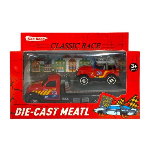 Fém autószállító klt., tűzoltósági, +autó, 19x10 cm dob. 24 db/disp.