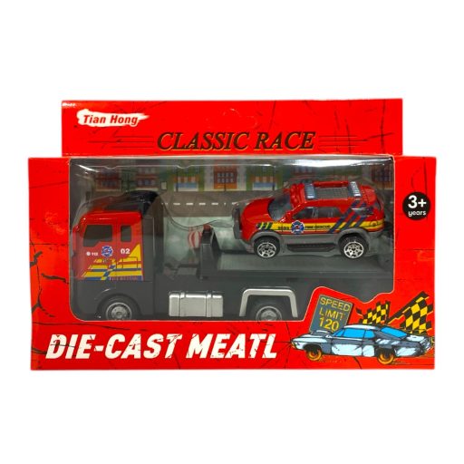 Fém autószállító klt., tűzoltósági, +autó, 19x10 cm dob. 24 db/disp.