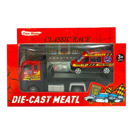 Fém autószállító klt., tűzoltósági, +autó, 19x10 cm dob. 24 db/disp.