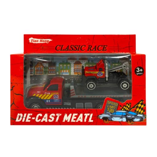 Fém autószállító klt., tűzoltósági, +autó, 19x10 cm dob. 24 db/disp.