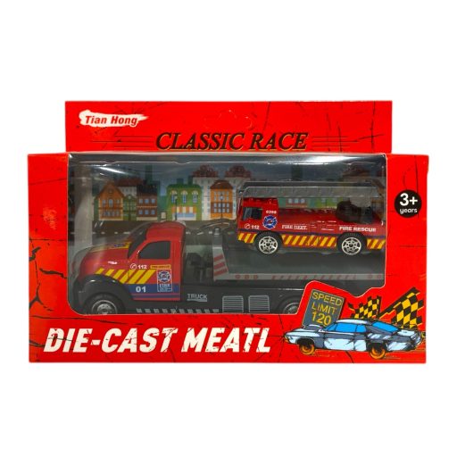 Fém autószállító klt., tűzoltósági, +autó, 19x10 cm dob. 24 db/disp.