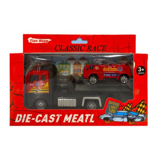 Fém autószállító klt., tűzoltósági, +autó, 19x10 cm dob. 24 db/disp.