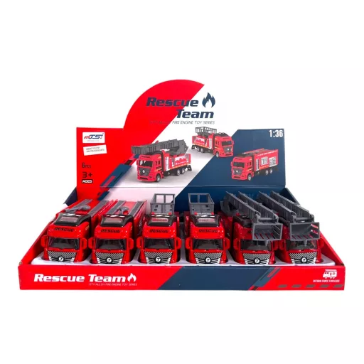 Fém tűzoltó autó, hátrahúzós, 3 féle, 22x9 cm, 6 db/disp.